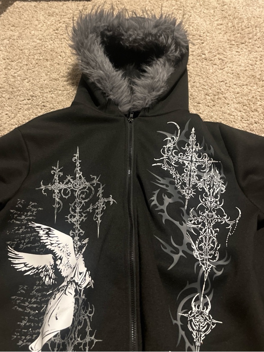 Black Hooded Jacket with Gray Faux Fur Trim and White Graphic